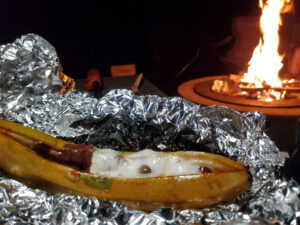 Campfire banana boat ready to eat