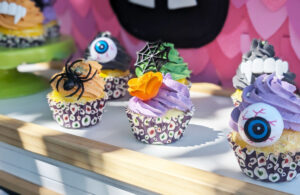 Decorated faux cupcakes on display