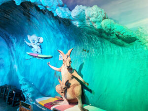 A kangaroo and koala surfing at the Banana Bender Pub on the Sunshine Coast