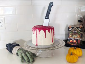 Halloween bloody cake with knife