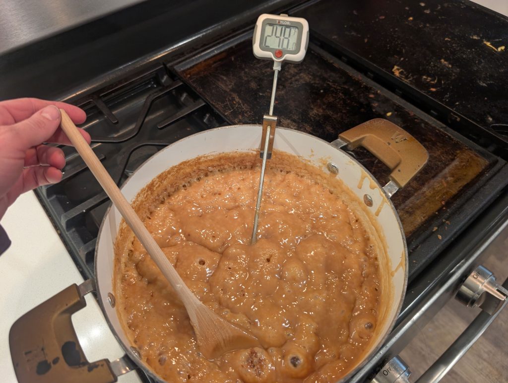 Cook the caramel until it reaches 248 degrees F.