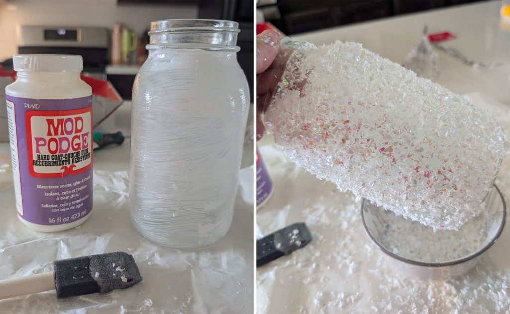 Applying glue and fake snow to outside of jar