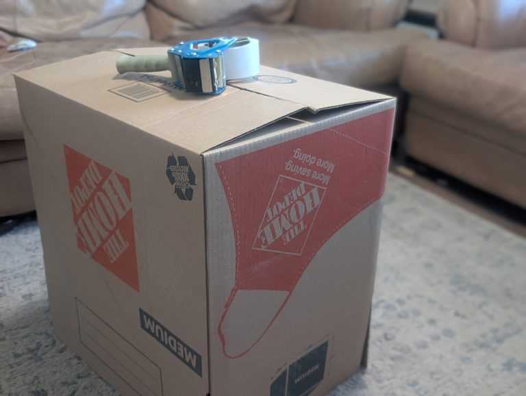 Moving box with packing tape