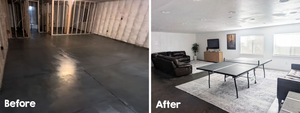 Before and after photos of our basement finish