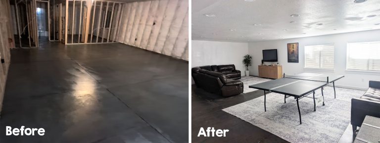 Before and after photos of our basement finish