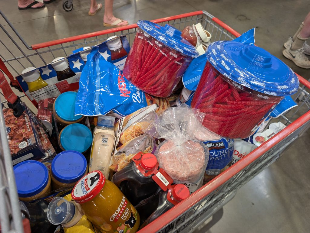 Full shopping cart at Costco for our family reunion