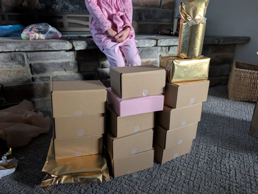 All the wrapped gifts ready for the game