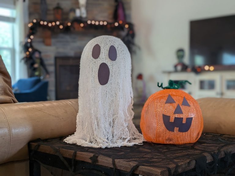 Cheesecloth ghost and pumpkin