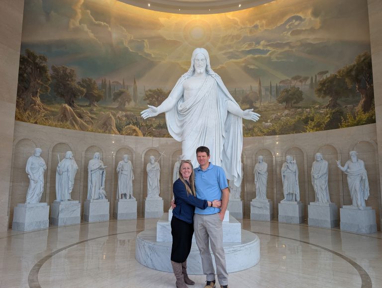 My husband and I standing in front of the Christus at the Rome Italy Temple